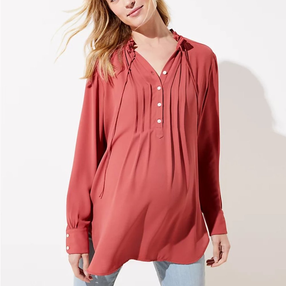 Maternity Pintucked Tie Neck Tunic Blouse